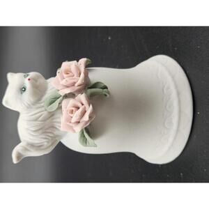 Vintage White Cat Bell Bisque Porcelain Pink Roses Cottagecore 3.5 in